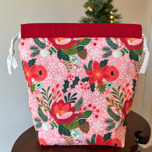 Pink Floral Christmas Drawstring Bag