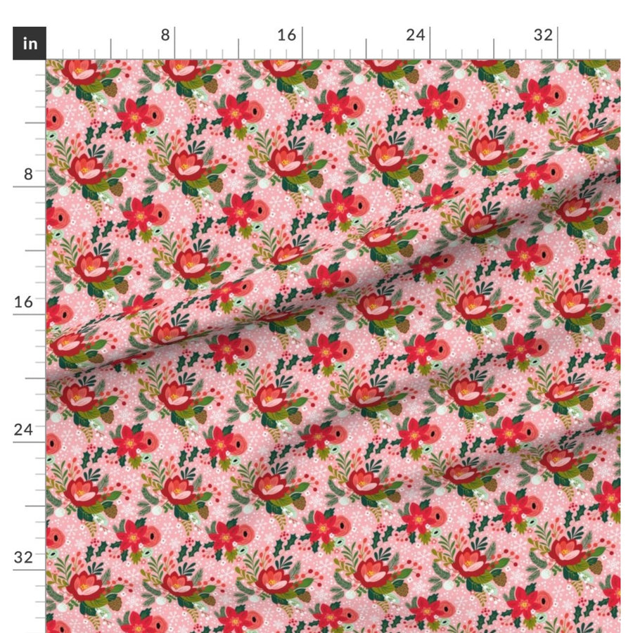 Pink Floral Christmas Fabric (1/2 yd increments; Lightweight Cotton Twill)