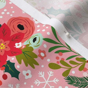 Pink Floral Christmas Fabric (1/2 yd increments; Lightweight Cotton Twill)